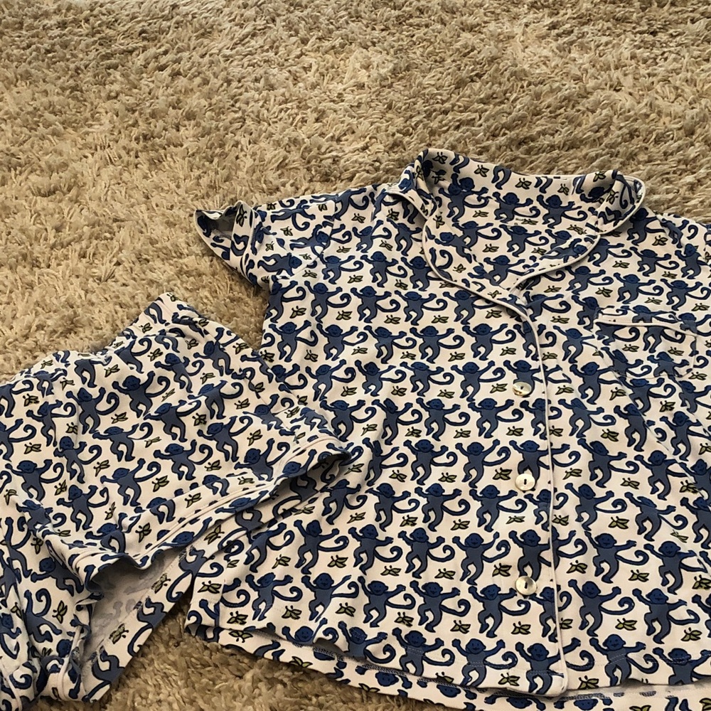 Roller Rabbit Blue and Cream Monkey Print Pajama Set